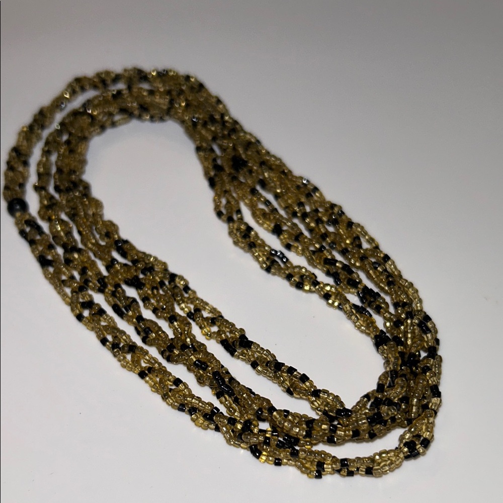 Gold and Black Braided Bead Strand 50 Inch Necklace Vintage Boho Hippie